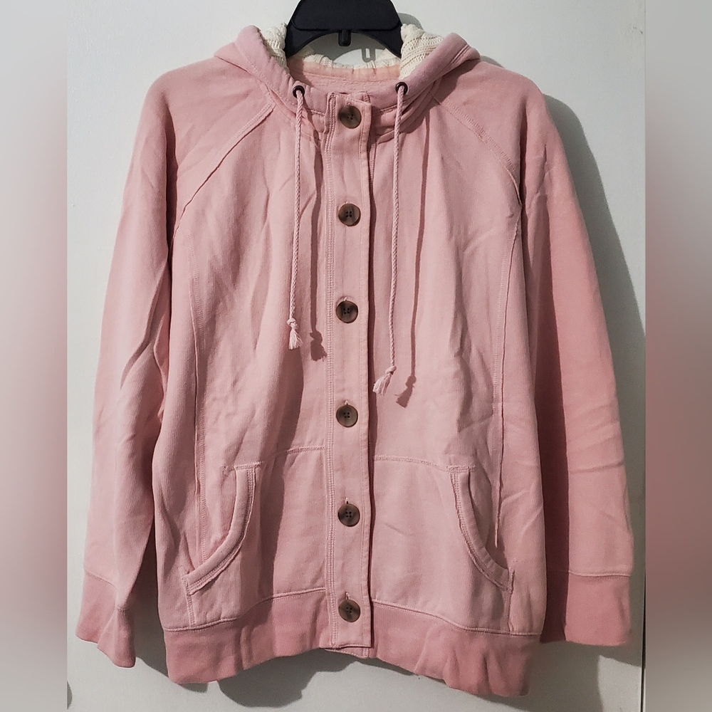 Sonoma women's baby pink sweater with knitted hoddie. Pre-owned condition